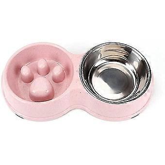Pet Dog Slow Feeder Double Bowl, Rostfritt stål Puppy Anti-Strangler Food and Water Feeder för katter