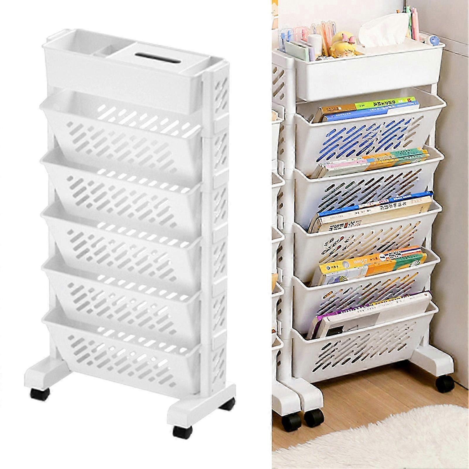 Movable Bookshelf Large Capacity Rotatable Removable Plastic Practical Rolling Organization Shelf 6 Layer