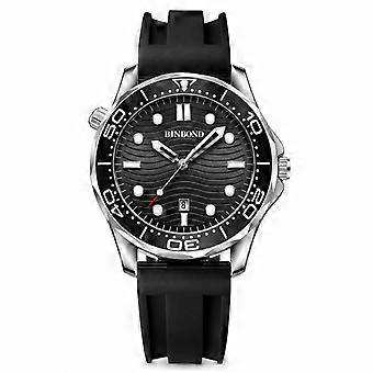 Men's Sports Watch BINBOND Sea Horse Series Luminous Waterproof Black Silicone Strap White Steel Case Black Dial JY