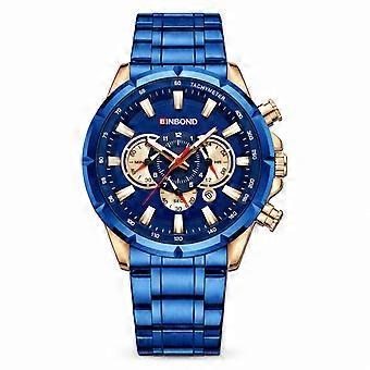 BINBOND Men's Multifunction Chronograph Watch Blue Steel Blue Dial Waterproof Luminous JY