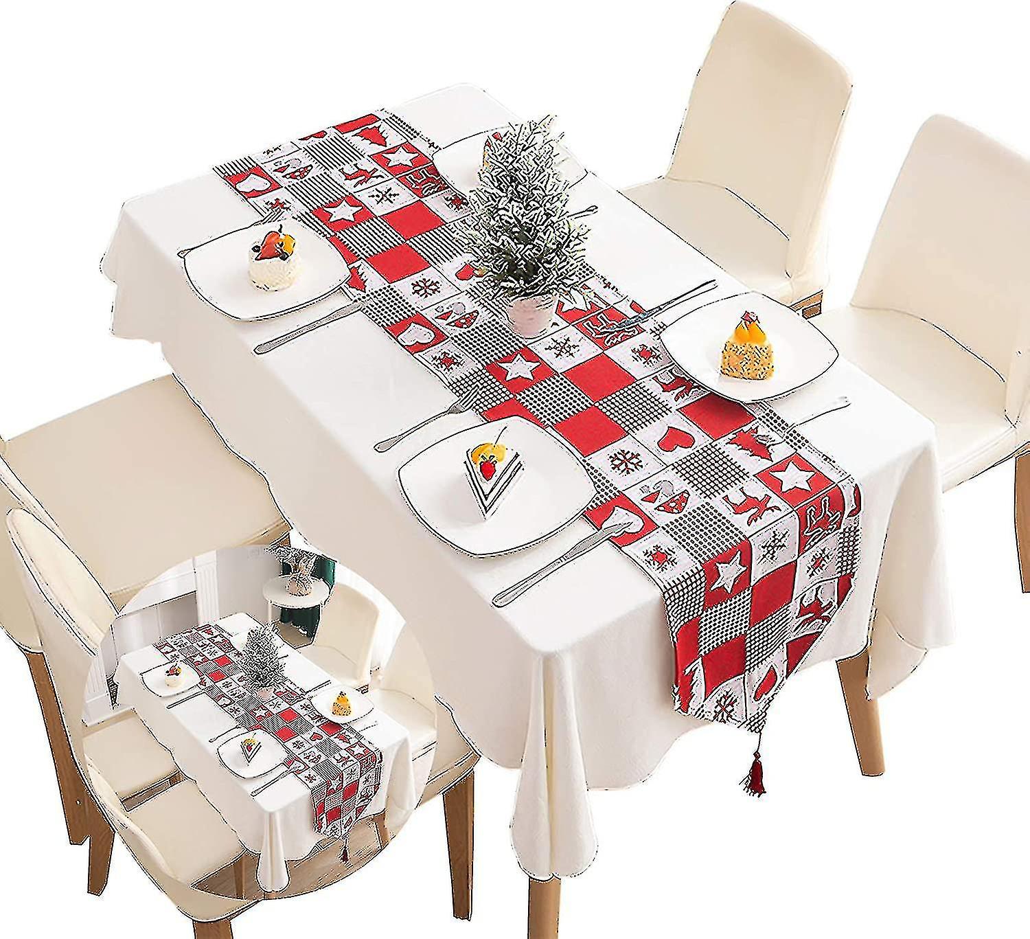 Table Runner Red Christmas Tartan Cotton Home Tablecover Decorative Washable Tassel Table Runner For