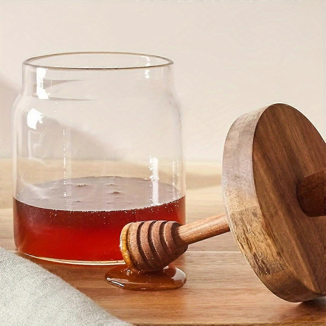 "Handwash-Friendly" Airtight Glass Honey Jar With Dipper & Wooden Lid - Reusable, Multipurpose Mason Jar For Kitchen Storage