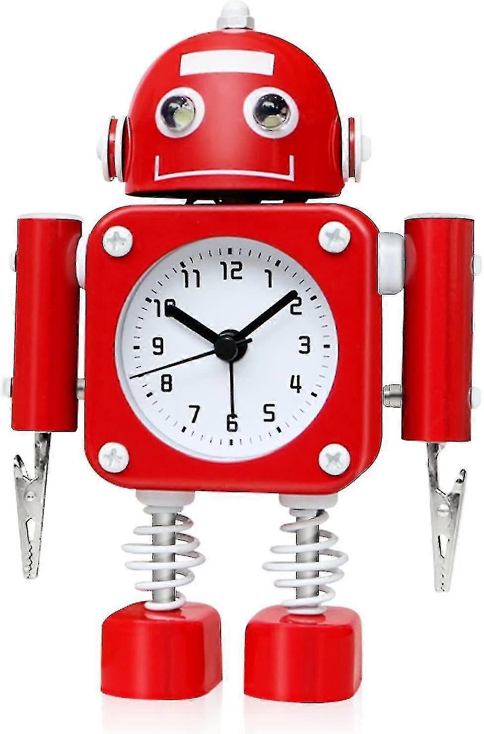 Non-ticking Robot Alarm Clock Stainless Metal - Wake-up Clock With Flashing Eye Lights And Hand Clip