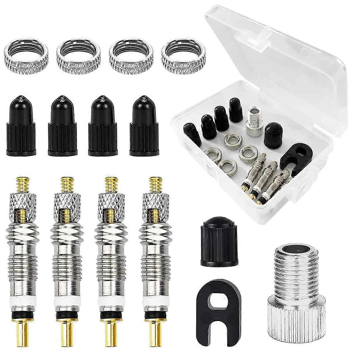 French Bicycle Valve Adapter, AOBETAK 18-Piece Presta Valve Replacement Set: Valve Insert, Valve Key, Rim Nut, Valve Protection Cap, Car Valve Adapter