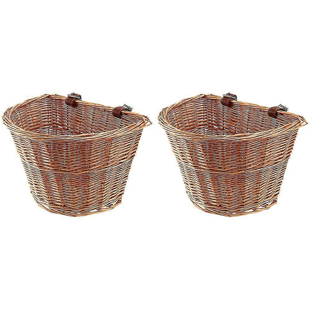 2x Retro, Handmade, Wicker Bicycle Front Basket With Leather Straps