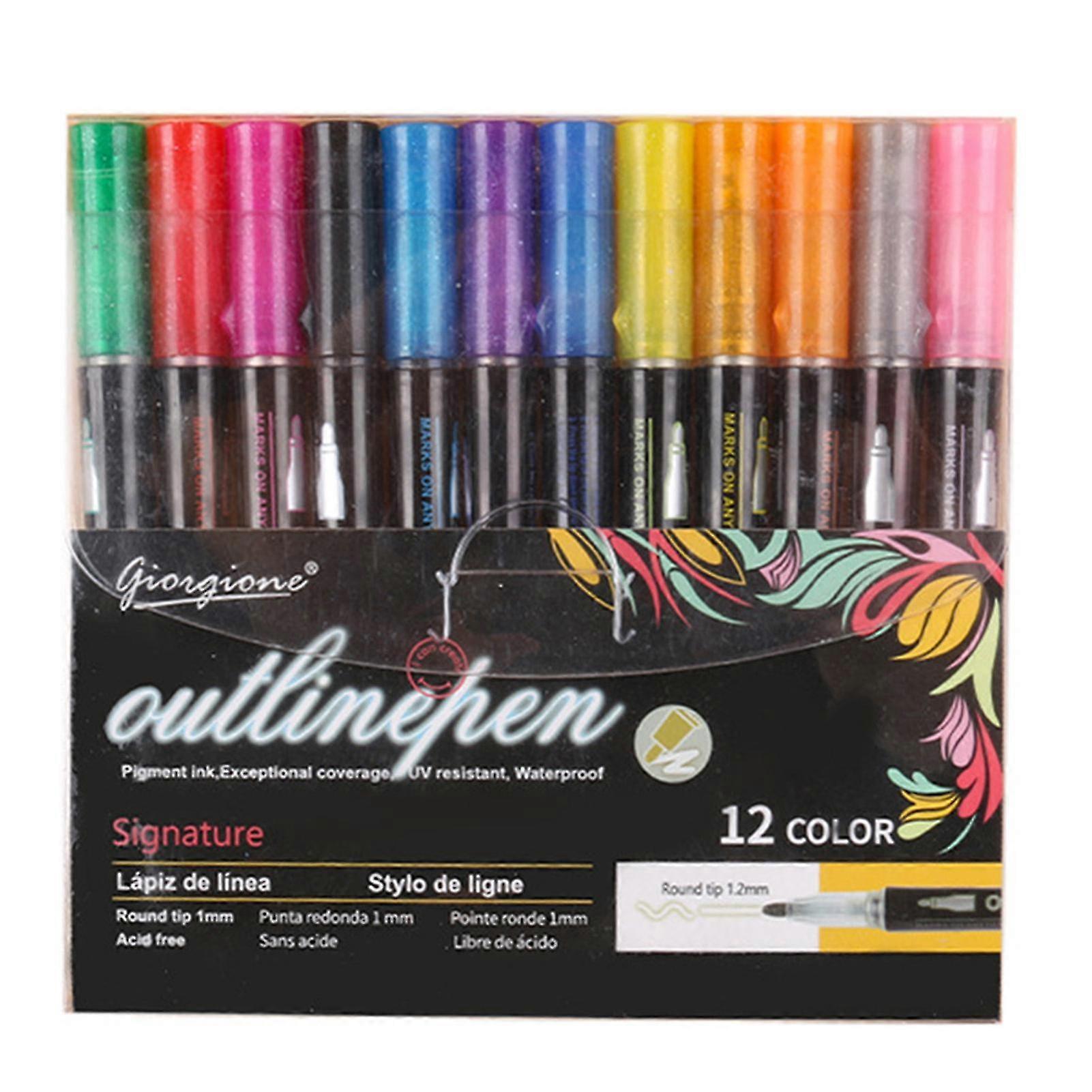 12/24 Colors Outline Markers Shimmer Markers Set Self-outline Metallic Markers For Doodling Drawing And Calligraphy