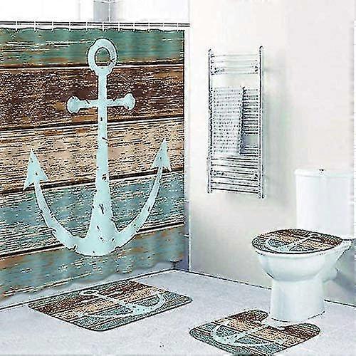 Ship Beach 4 Piece Anchor Er Ain Sets Planks Compatible With Bath Set With Non-slip Mat, Toilet Lid Cover, Bath Mat And 12 Hooks 72x72 Inch