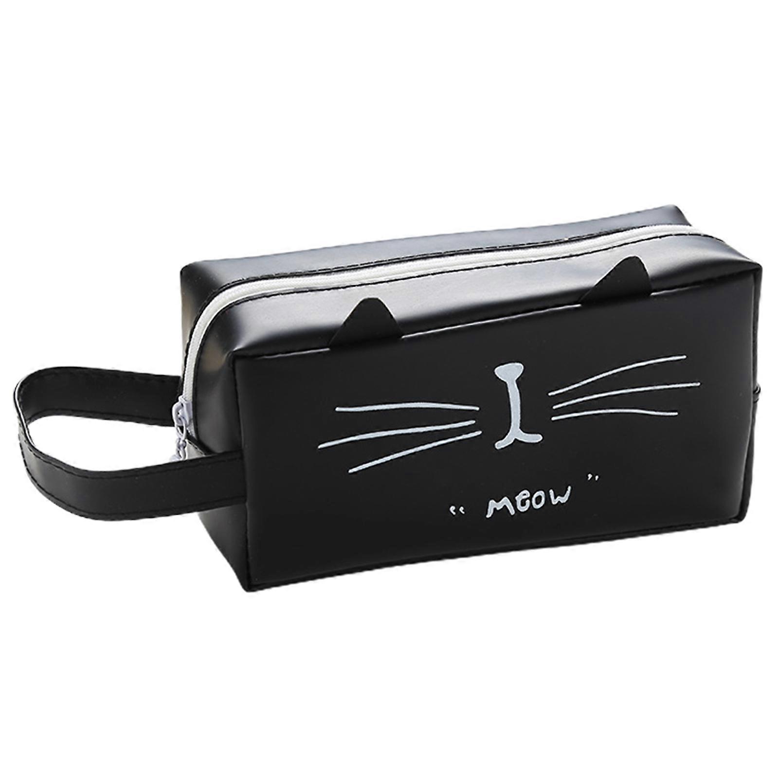 Pencil Bag with Handle Large Capacity Smooth Zipper Faux Leather Cute Cat Ears Design Students Stationery Storage Bag Daily Use KAESI