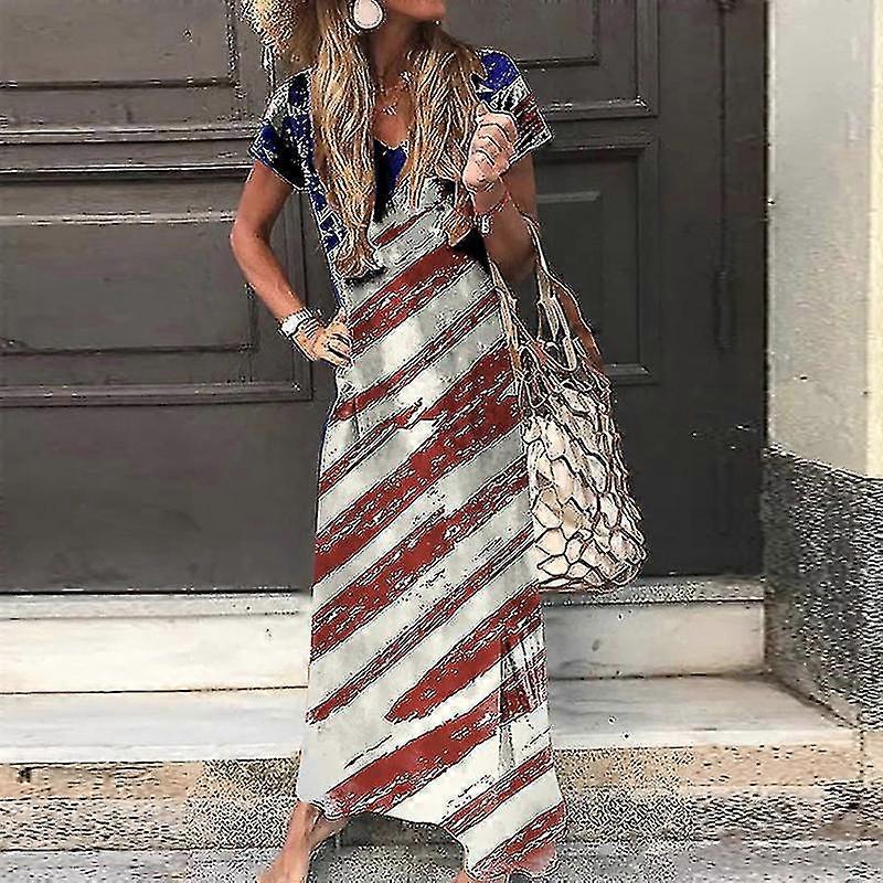 Ladies Loose Independence Day Long Dress Women Summer Pullover Patriotic