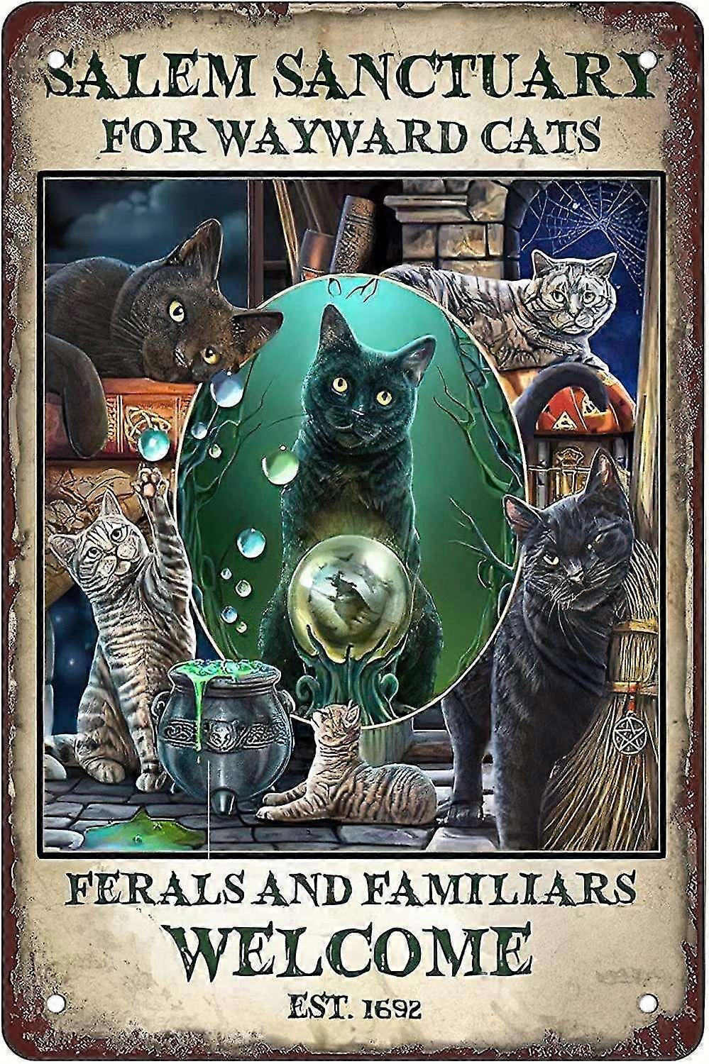 الرجعية مضحك معدن علامة ورقة علامات القصدير ، القط الأسود سالم ملاذ للقطط الضالة الوحوش و فا