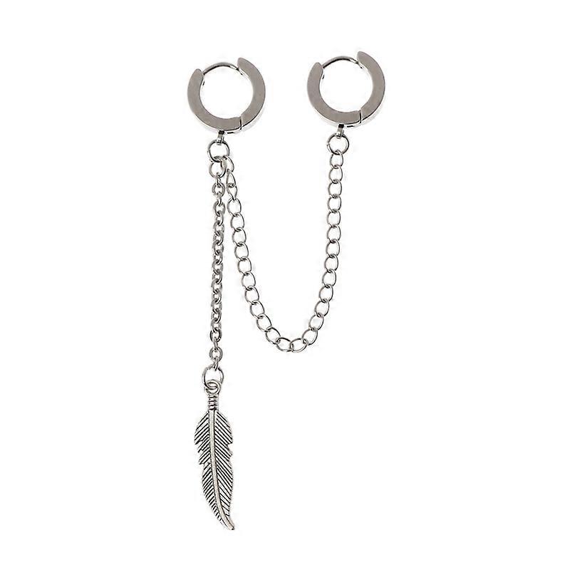 Trendy Titanium Feather Pendant Dangle Earrings Double Long Chain Leaf Earrings