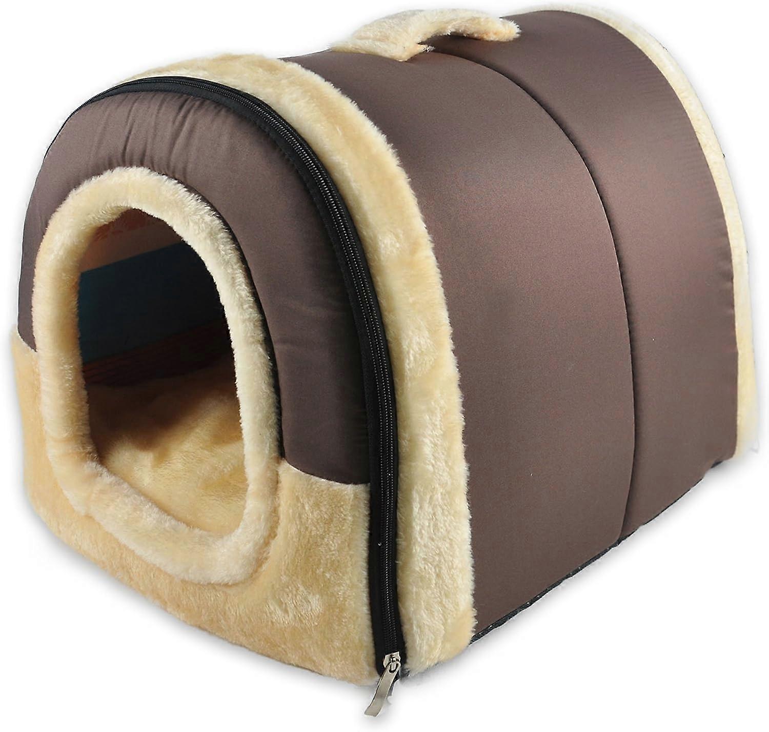 2 in 1 Pet Kennel and House, Machine Washable, Non-Slip, Foldable, Soft, Warm, Cat Dog, Puppy, Rabbit, Kennel Bed with Detachable Cushion, Brown L
