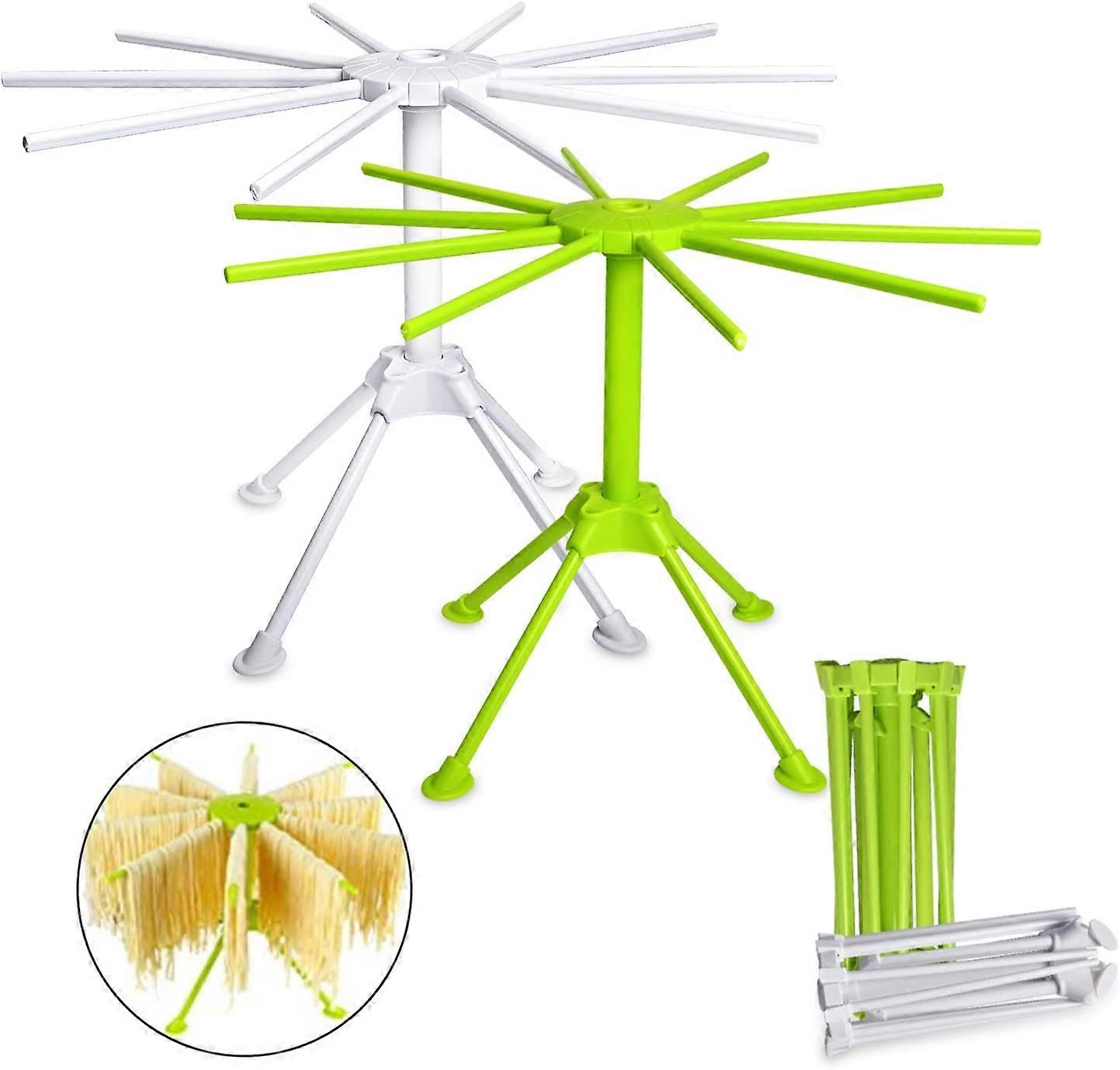2 Pieces Foldable Pasta Drying Rack with 10 Handles White+Green