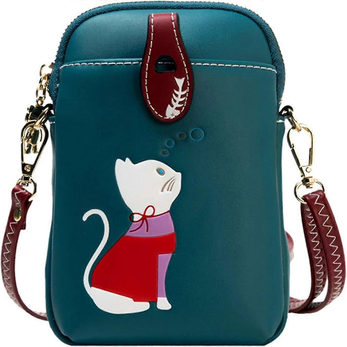 Women's Small Crossbody Phone Bag Retro Pu Leather With Cat Pattern, Lightweight Layered Coin Purse With Adjustable Shoulder Strap And Multiple Pocket