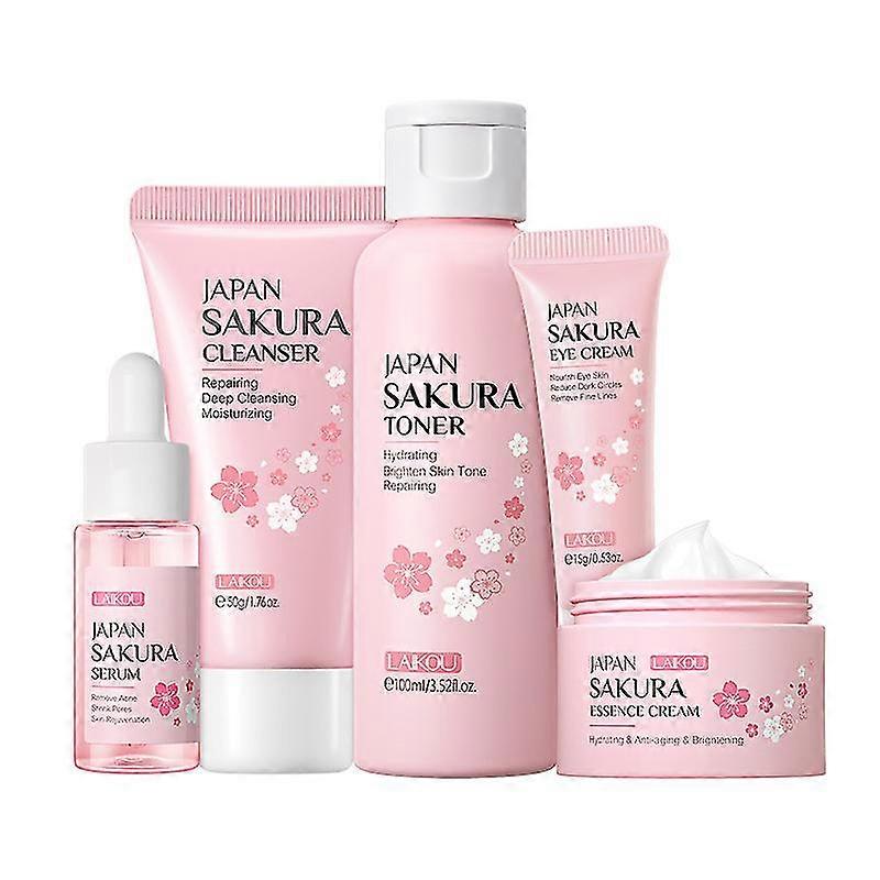 日本のサクラスキンケア5点セット、アイクリーム/クレンザー/美容液/エッセンスクリーム/トナー、ハイドレーティング&スムースドライスキンツールセットを含む