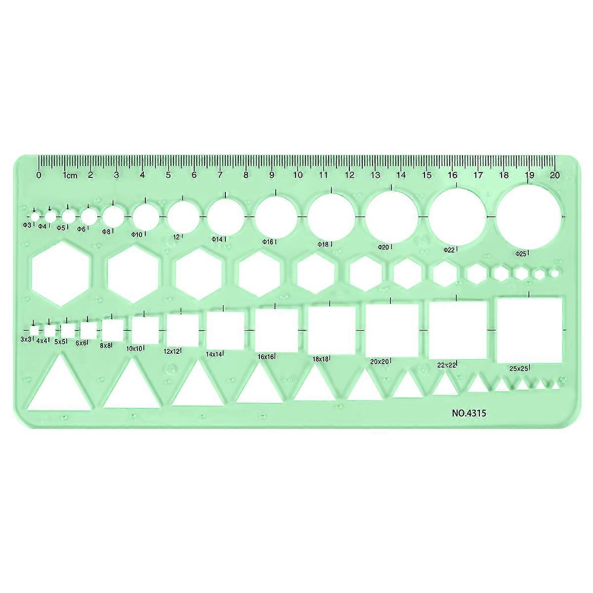 Green Plastic Circles Squares Hexagons Geometric Template Ruler 0-20cm