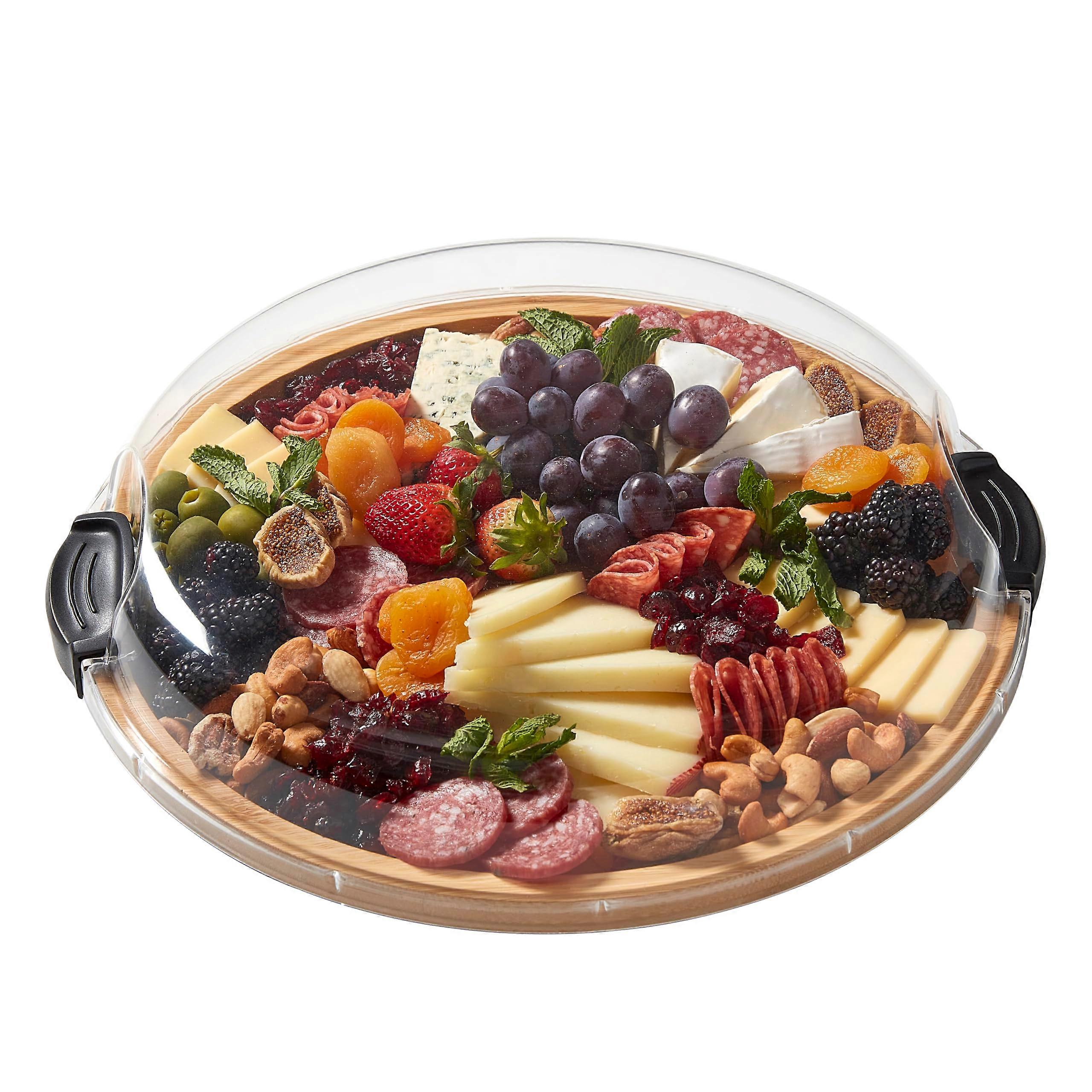 14-Inch Round Bamboo Cutting Board with Locking Lid for Charcuterie Platter and Snack Storage Solutions