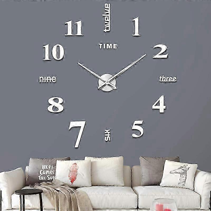 Large DIY 3D Frameless Silver Wall Clock  Oversized Modern Decor for Living Room