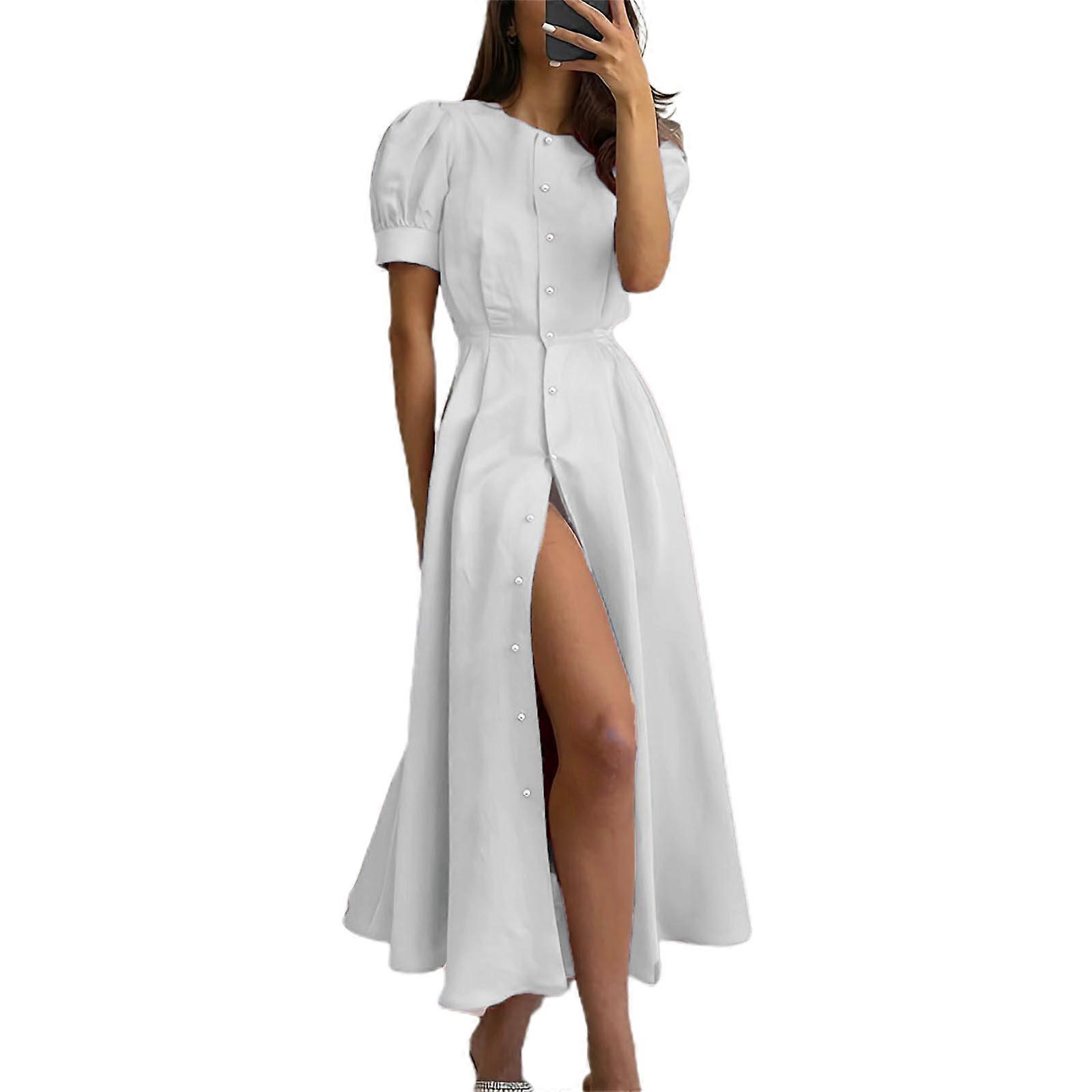 Robes taille haute avec détail boutonné sur le devant Jupe longue de couleur unie Robe à manches courtes Col rond pour un usage quotidien Casual Blanc XL