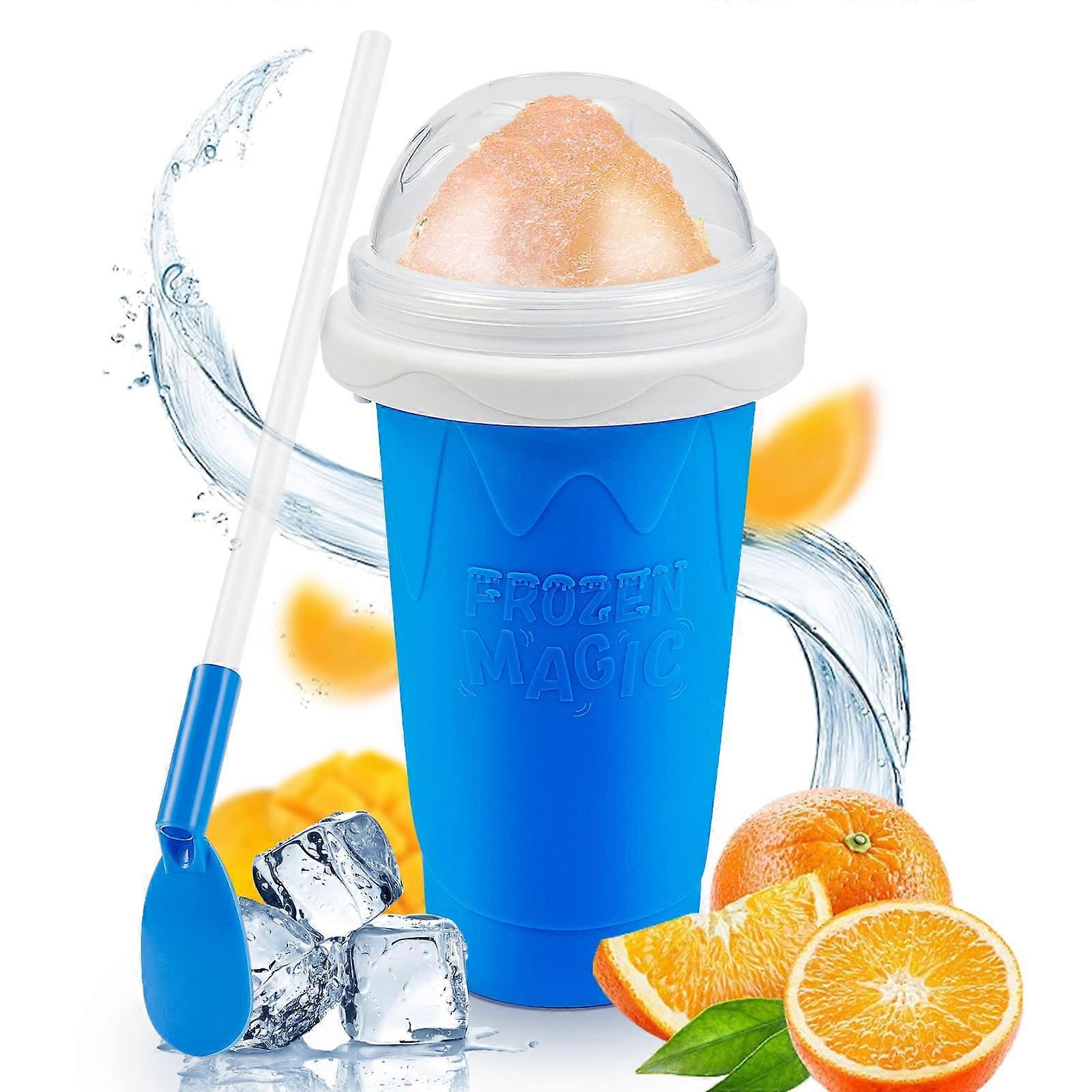 Slushy Maker Cup Portable Double Layer Quick Frozen Smoothie Maker Blue with Straw and Spoon for Kids and Family