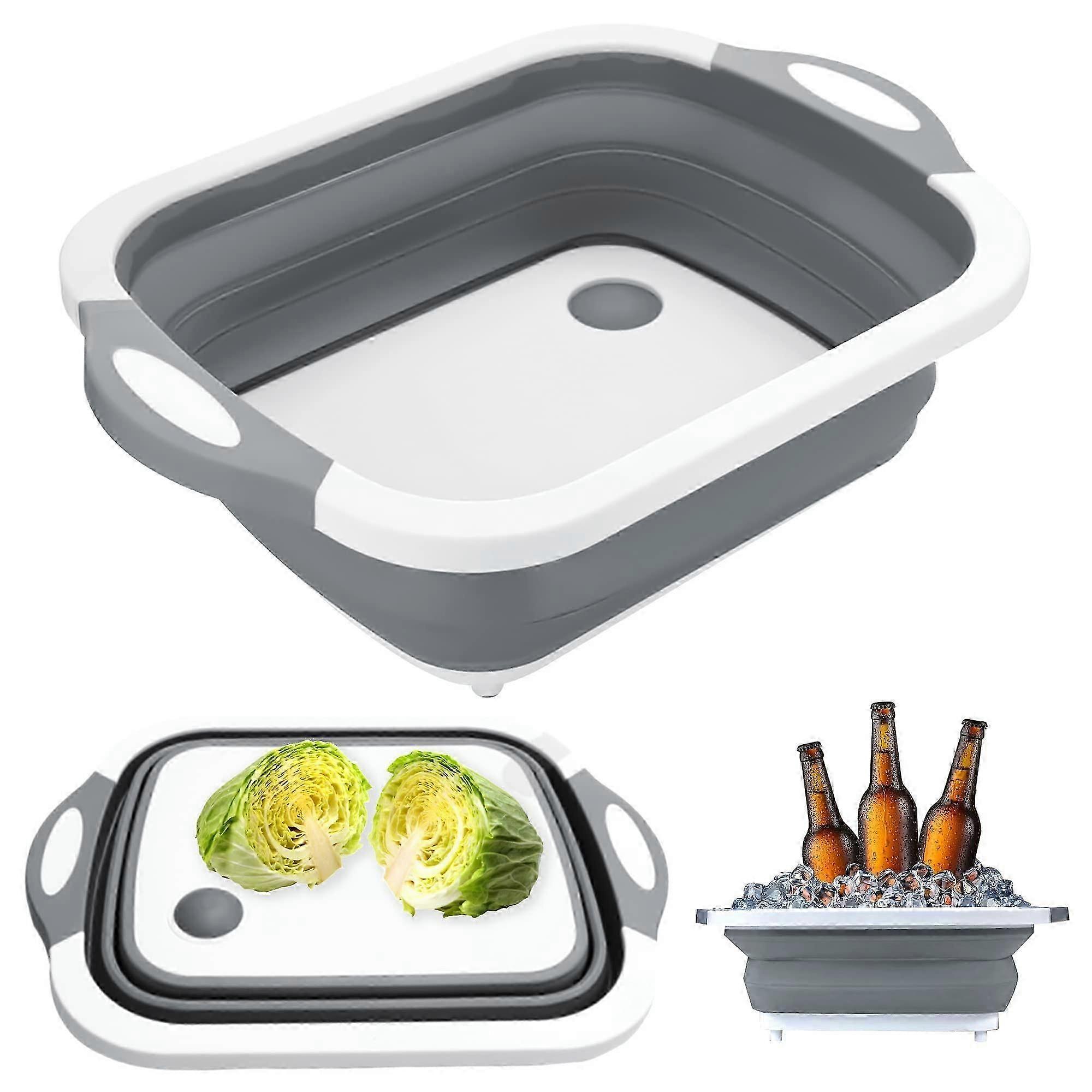 in 1 Foldable Cutting Board, Multi-Function Drainage Basket with Drain Plug Portable Storage Basket for Kitchen and Camping (Grey)