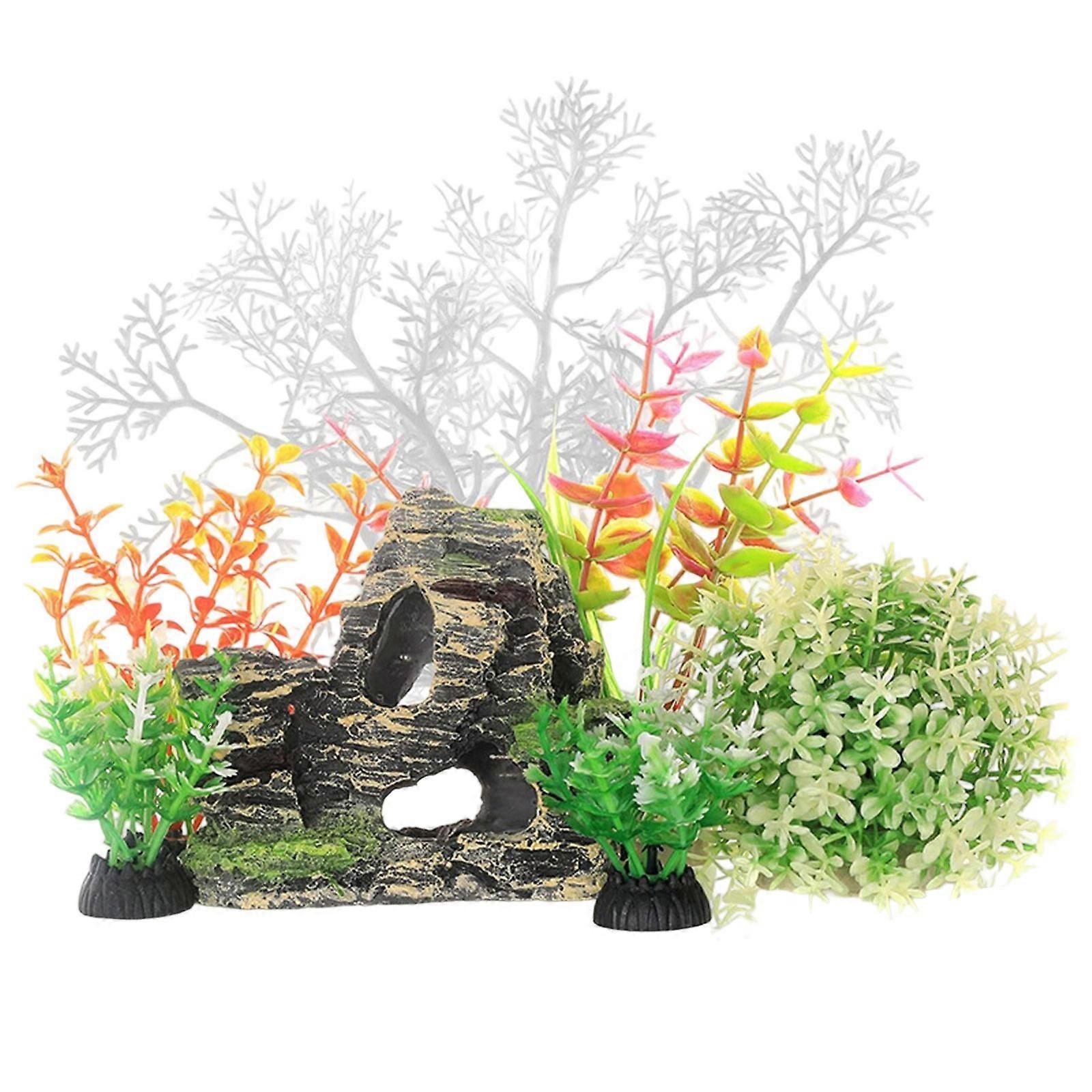 Aquariums Landscape Decoration Set of 7 with Small and Large Plastic Plant and Cave Rock for Vibrancy Fishtanks Display