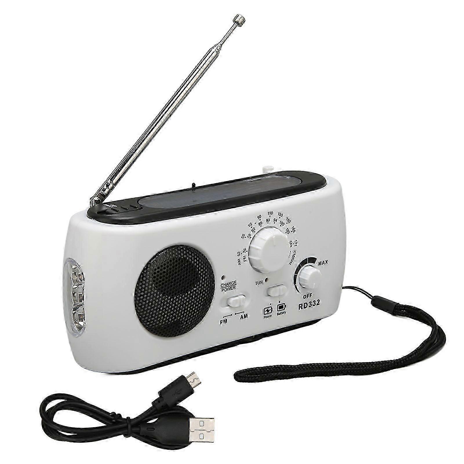Solar Hand Crank Radio Multifunction Rechargeable Emergency Radio with Flashlight Function for Outdoor Camping Hiking White