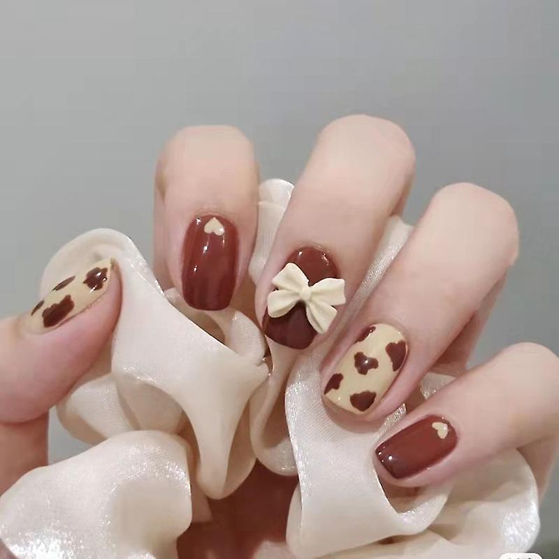 24pcs Brown Nail Patch Sweet Style Short Paragraph Removable Manicure  Glue Type False Nail Patch New