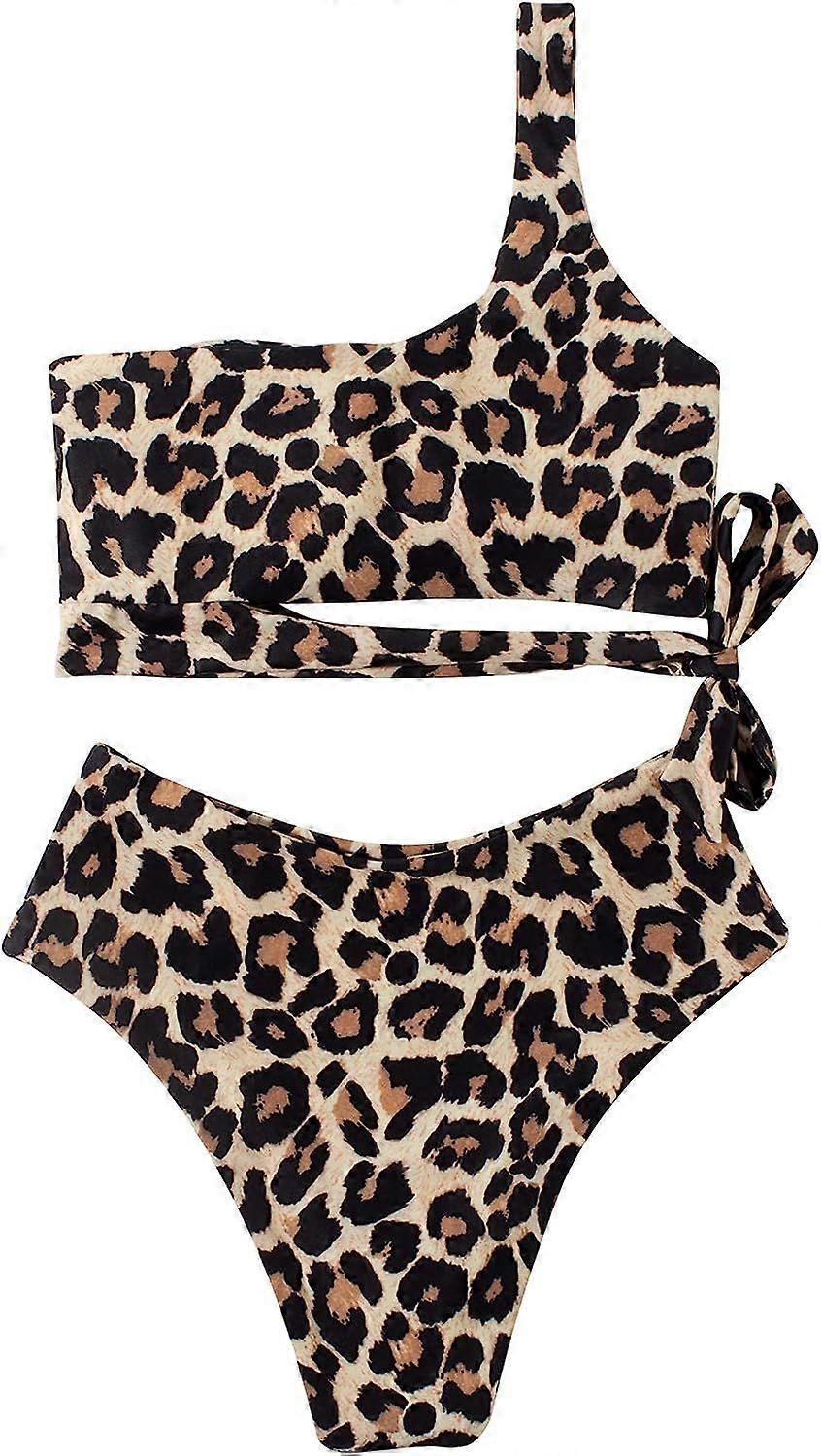 Damer En Axel Hög Midja Bikini Spets Upp Högt Skuren Två Delade Badkläder För Semester, Simning, Pool (Leopard tryck) XL