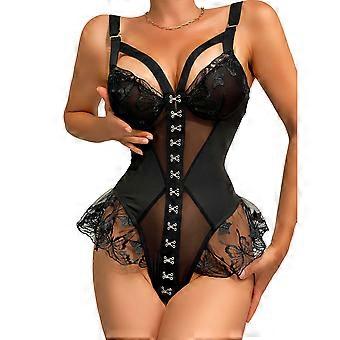 Sexy Deep V Neck Lingerie Jumpsuit Sexy Bodydoll Lingerie Sexy Lace Lingerie Jumpsuit Sheer Mesh Lingerie Sleepwear  XL Black