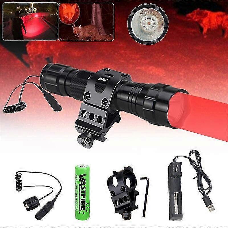 Tactical Red LED Hunting Flashlight Set with 18650 Battery, Scope Mount, USB Charger, and Remote Switch