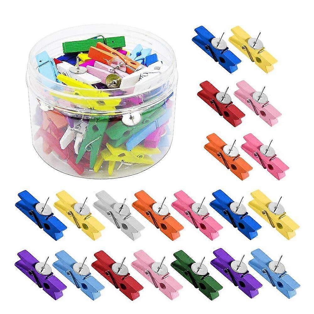 Wooden Peg Push Pins, Pack of 50, Thumbtacks with Wooden Clips, Colorful for Cork Boards, Artwork, Notes, Photos, Crafts