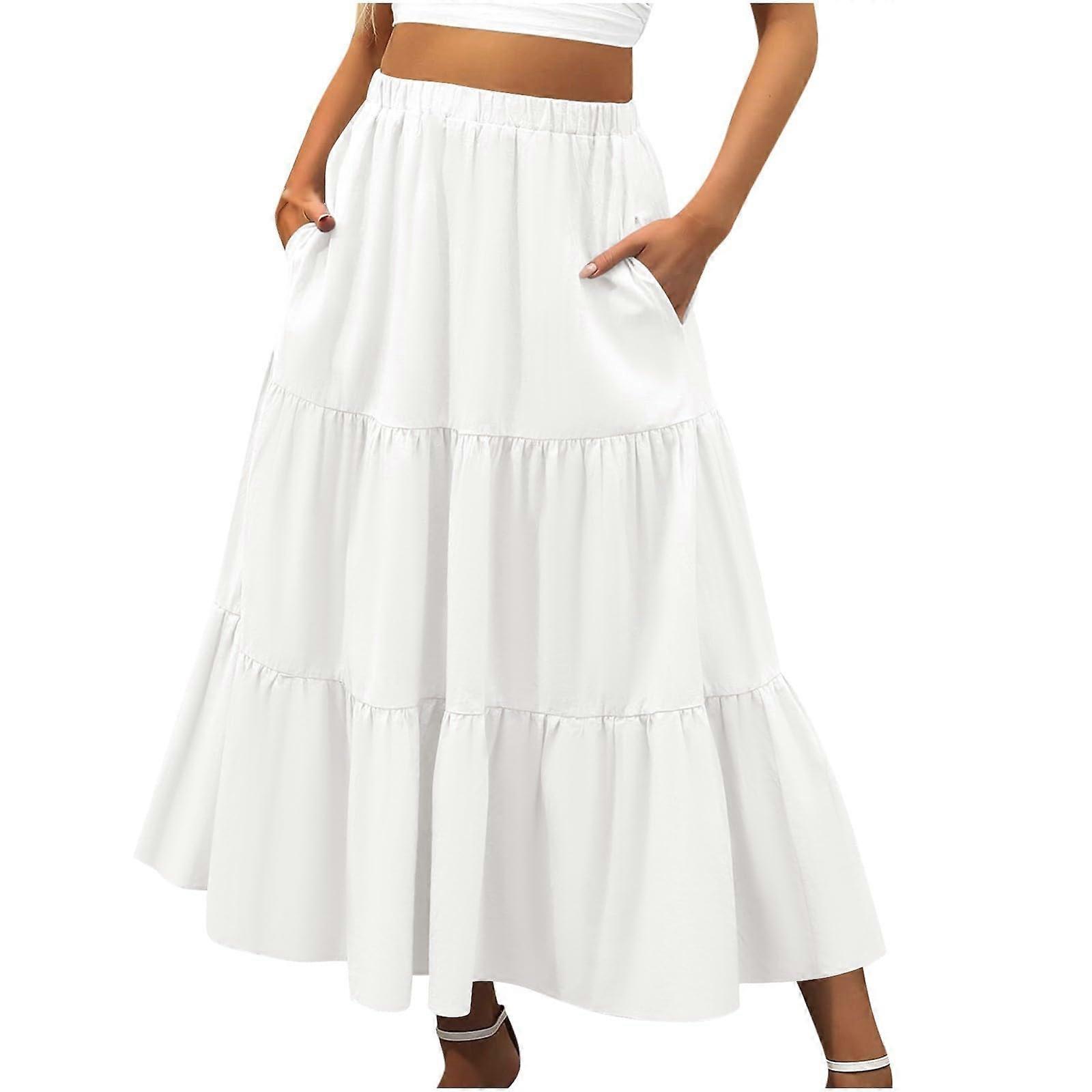 Women's Summer Skirt Boho Style Elastic Waist Pleated A-Line Flowing Tiered Beach Dress With Pockets White Size S