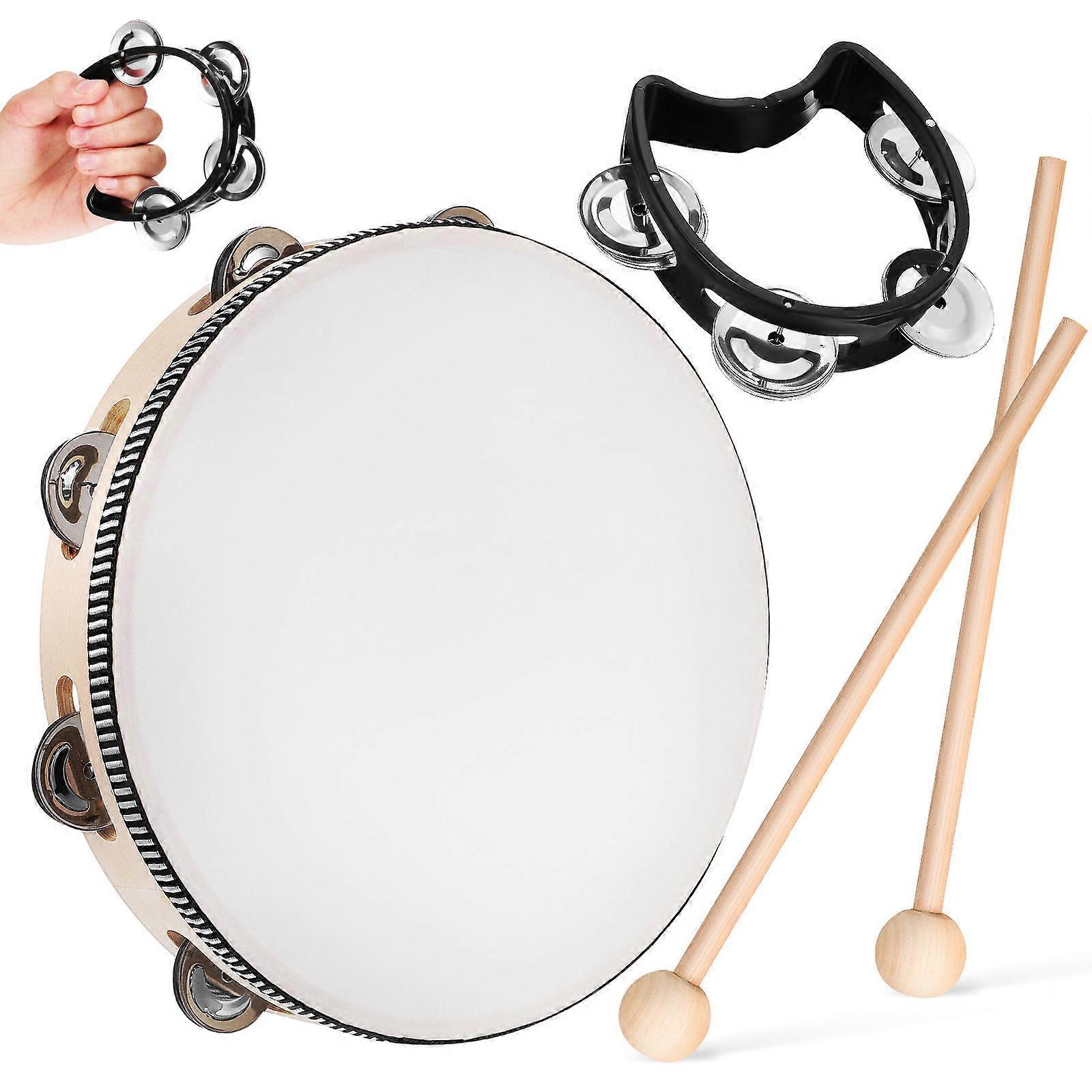Assorted Color 10 Inch Tambourine for Adults with Wooden Drumstick for Performance Synthesis Material