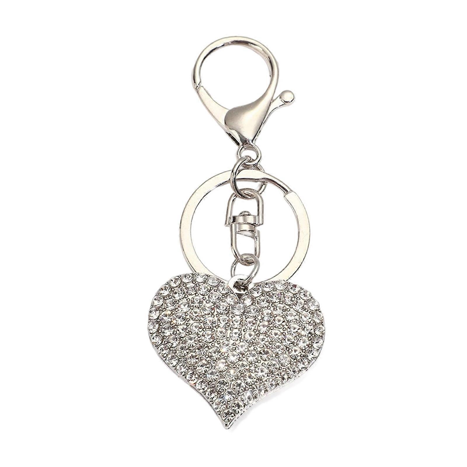 Stylish Heart Keychain Rhinestones Highlighted Charm Corrosion Resistant Key Chain for Keys or Bag Decoration  White