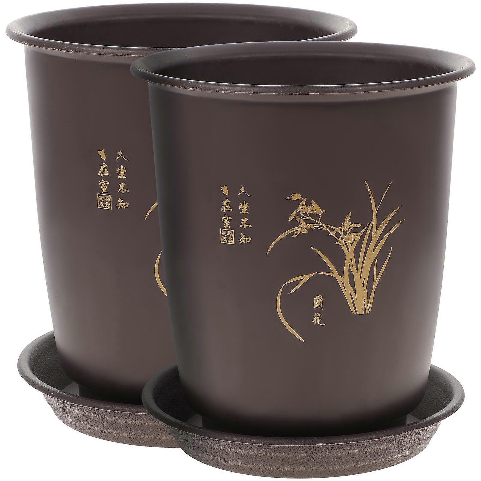 Flower Pot Plastic Imitation Porcelain Flowerpot Planter with Trays for Garden Use Raised Rim Design 17X15CM Coffee 2 Sets