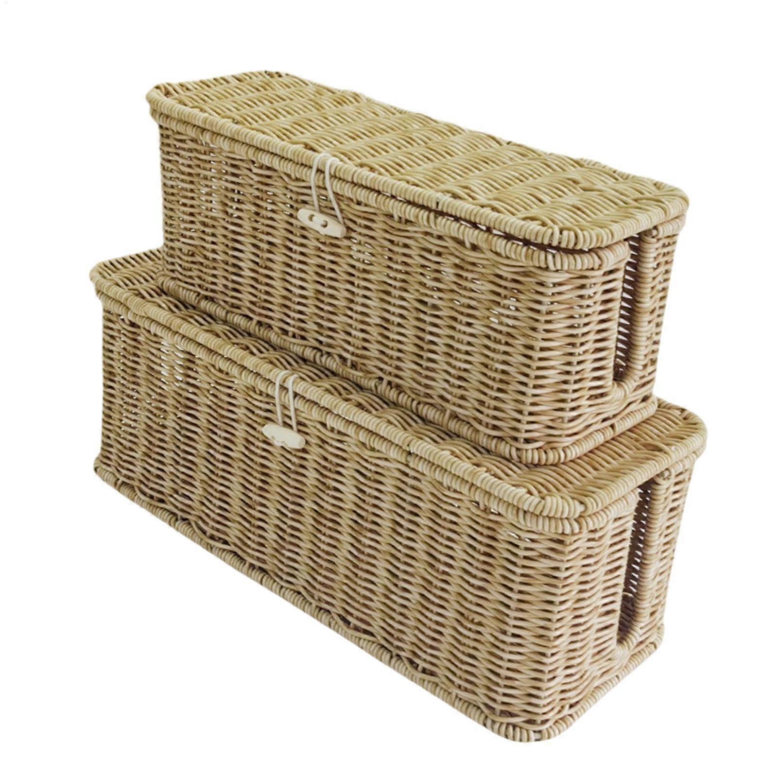 Handmade Cable Management Box Set, Beige Rattan Organizer with Open Slots, Large and Small Sizes for Under Desk Storage