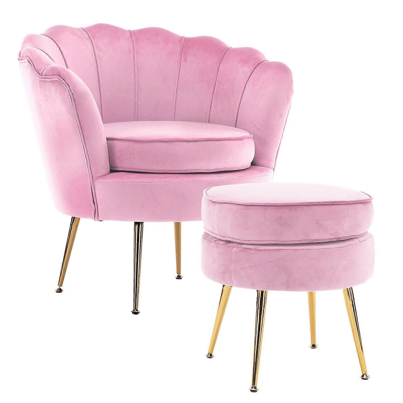 Armchair Lounge Chair Accent Velvet Shell Scallop + Round Ottoman Footstool Pink Ottomans Footstools & Poufs