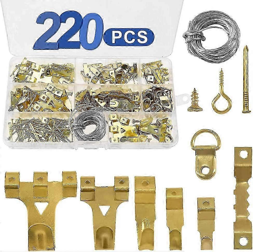 220 Pieces Picture Hooks, Picture Hanging Hooks Kit with Hanger Wire, Sawtooth, D-Rings, Screws and Nails, Picture Frame Hook for Fixing