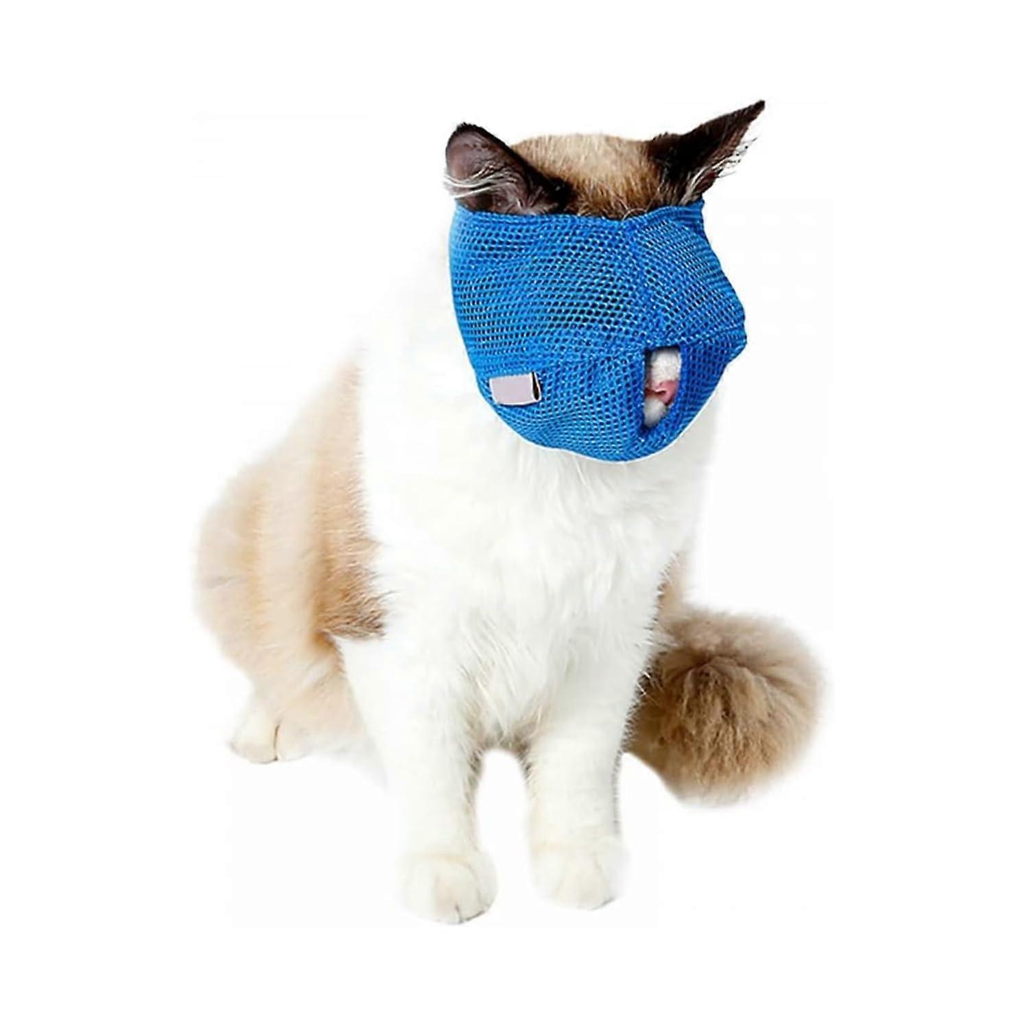 Multifunctional Muzzle for Cats, Pet Care Aid with Breathable Mesh to Prevent Biting, Adjustable Muzzle for Cats (Blue, S)