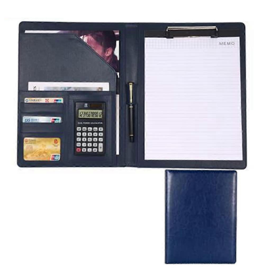 Leather Padfolio A4 Size With Clipboard, Binder Organizer, Interview Document Sleeve Holder, Blue, 12-Digit Calculator