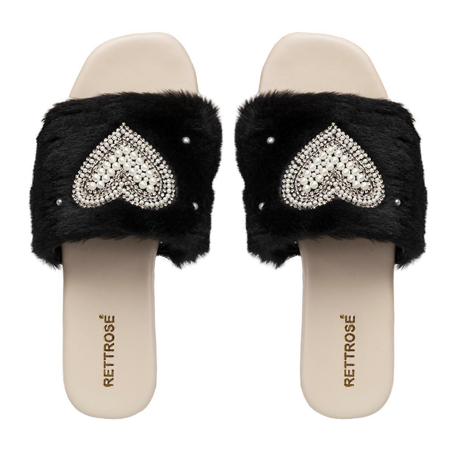 Lilah black & beige luxury faux fur comfortable diamanté embellished women’s handmade sliders