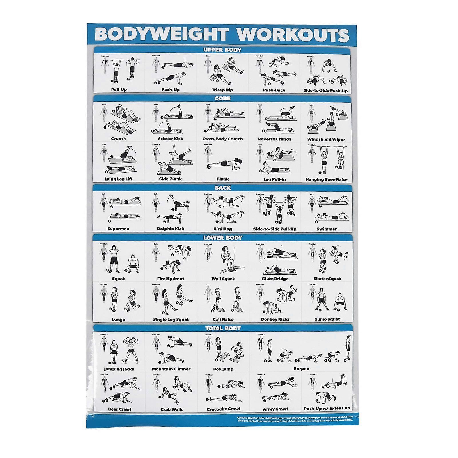 60x90cm Workout Charts Clear Rugged Easy Reading Bodyweight Exercises Poster for Home Gyms Studios Bedrooms