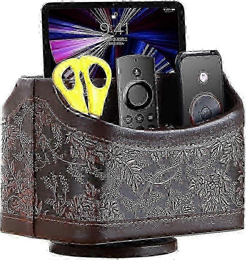 Antique Leather Remote Control Holder, 360 Degree Spinning Desk TV Remote Caddy/Box Fz
