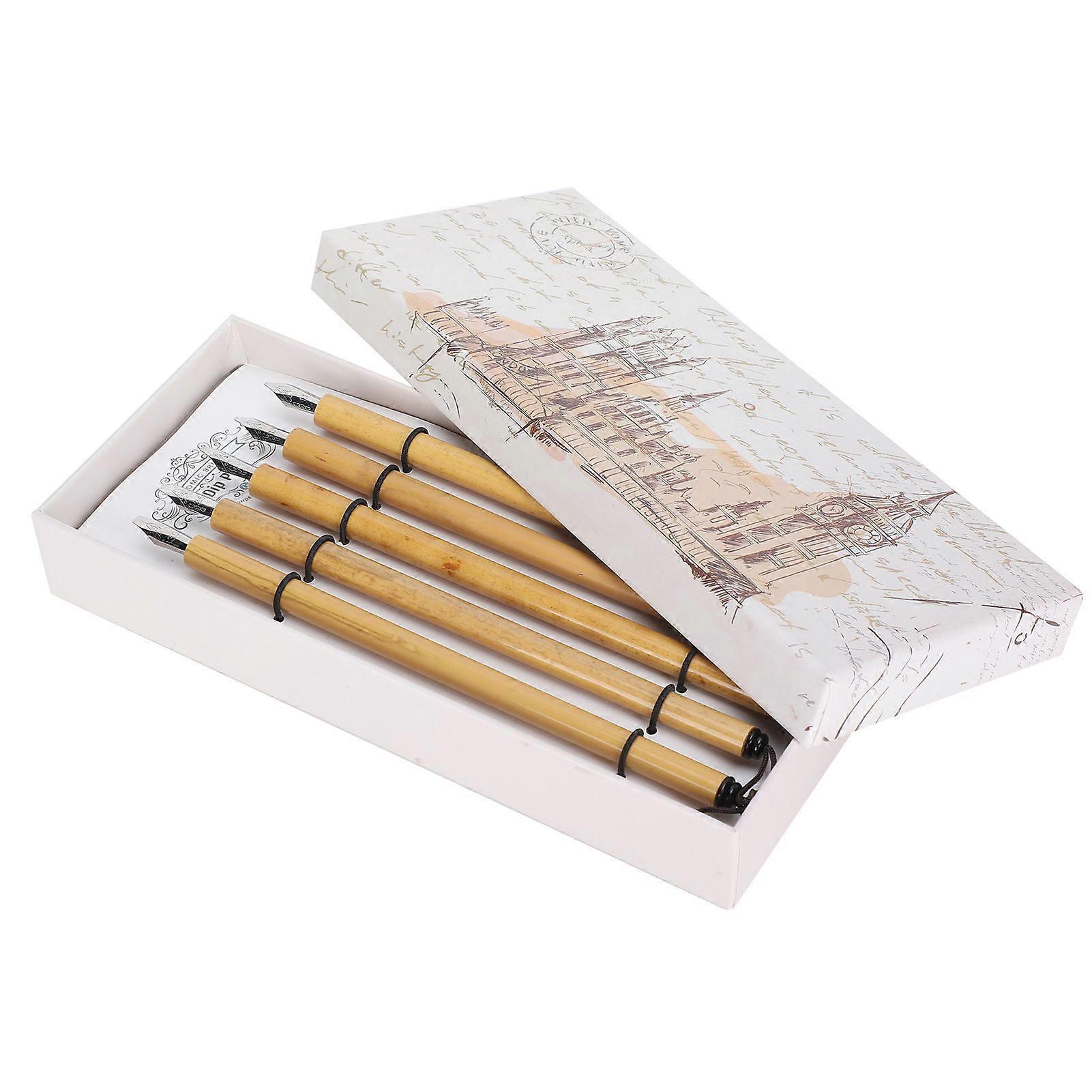 5Pcs Dip Pen Manga Calligraphy Boxed Vintage Bamboo Drawing Painting Kit School SuppliesFlat Nib