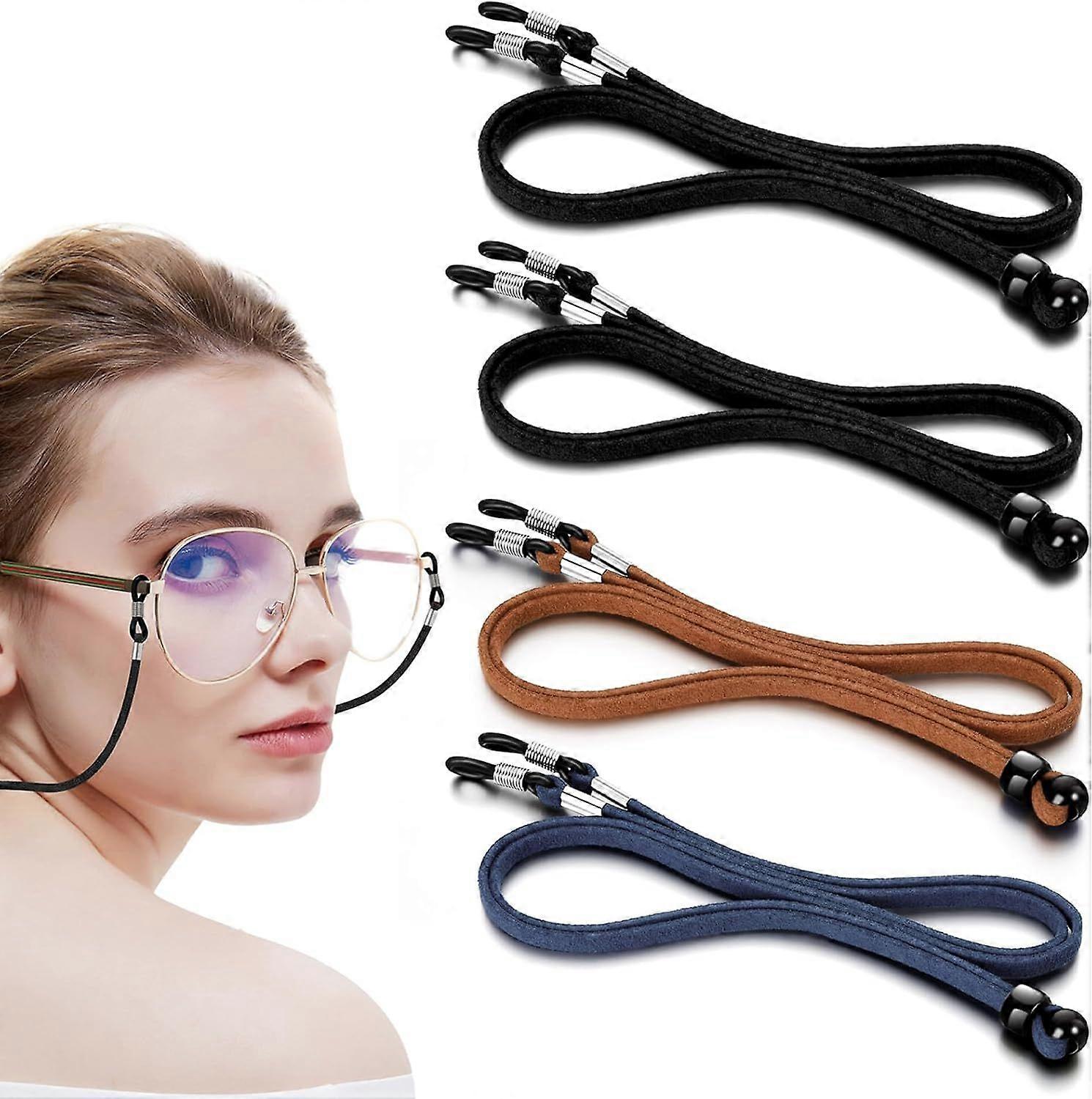 4 Pcs Glasses Strap - Leather Glasses Chain Lanyard - Non Slip Spectacles Cord - Adjustable Glasses String Neck Cord for Men and Women - Suitable for 