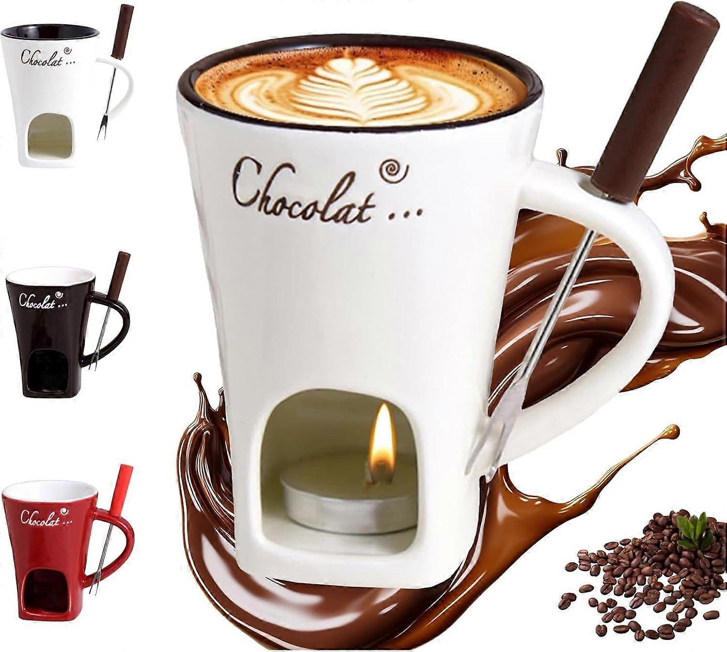 Chocolate Fondue Cup, 130ml Chocolate Melting Mug, Ceramic Chocolate Fondue Cup with Fork for Cheese, Chocolate, Butter and Caramel