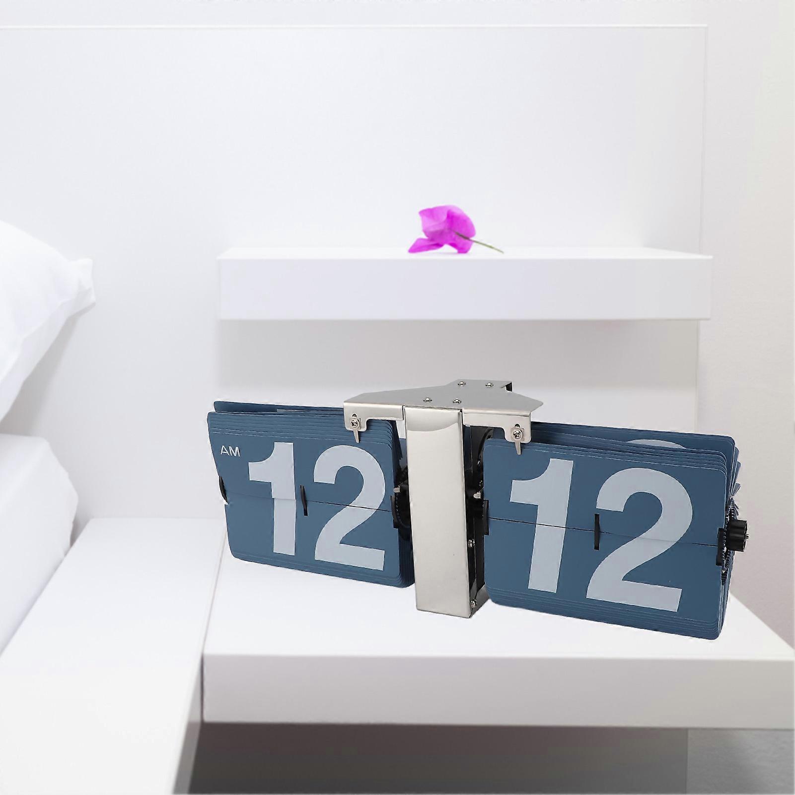 Automatic Flip Clock Mechanical Clock Battery Powered Retro Digital Flip Down Clock for Desktop Standing Wall Hanging 12H Silver Stand and Blue Flip 