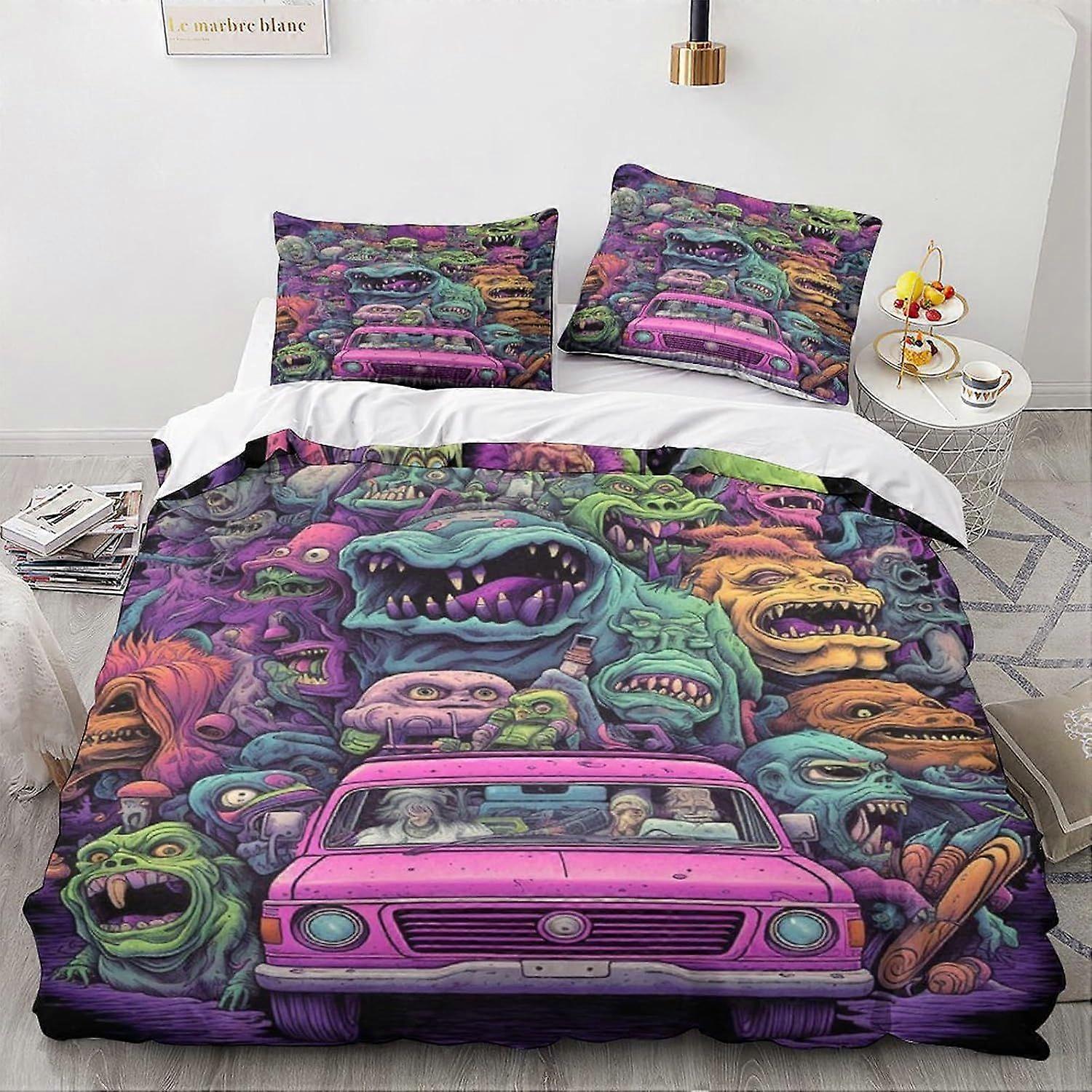 LikeEj monstros edredom capa desenhos animados roupa de cama conjunto 3D carro vintage macio edredom colcha capa microfibra 3 peças de cama conjunto quarto decoração duplo