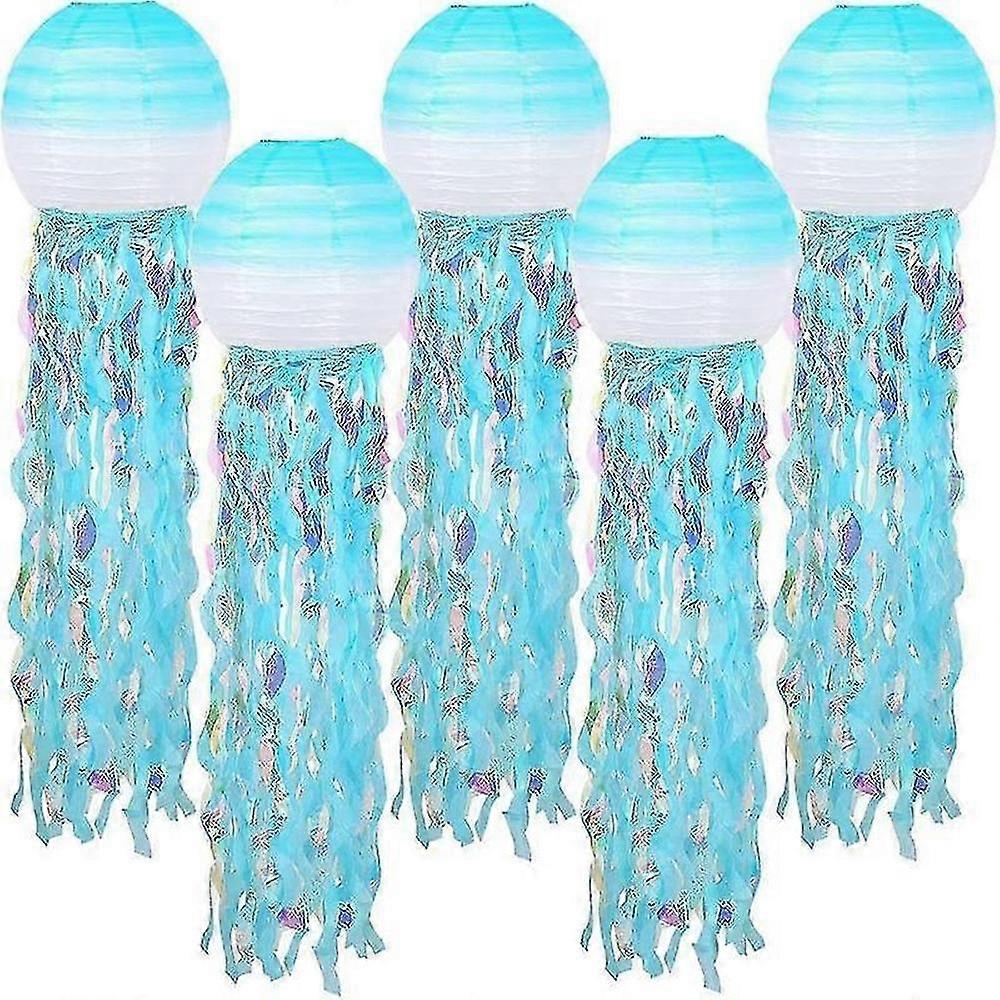 Jellyfish Paper Lantern Set, 5 Pink Gradient Mermaid Lanterns for Ocean Theme Party Decor